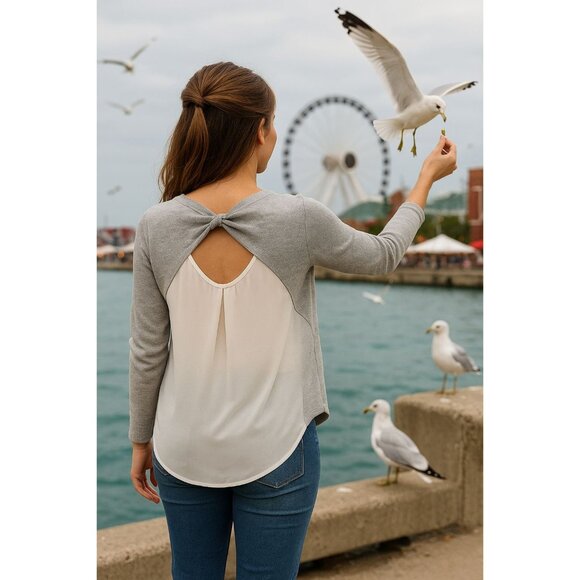 89th and Madison XL Gray Knit Chiffon Back Twist Pullover Lightweight Layer - Picture 4 of 11